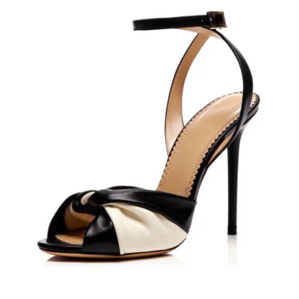 FSJ Black and White Peep Toe Twist Strap Color High Heeled Ankle Strap Sandals